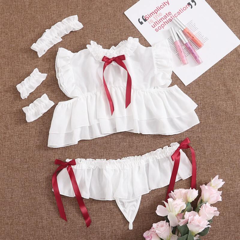 

5pack Ruffle Hem Sexy Set & Choker & Cuffs, White