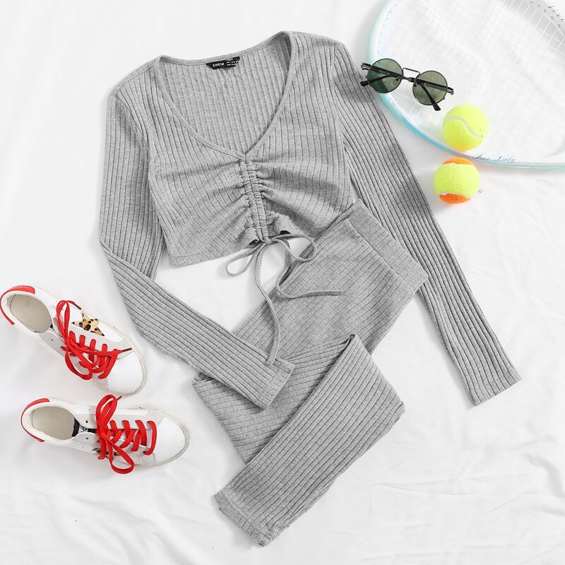 

Drawstring Ruched Front Rib-knit Crop Top & Leggings Set, Grey
