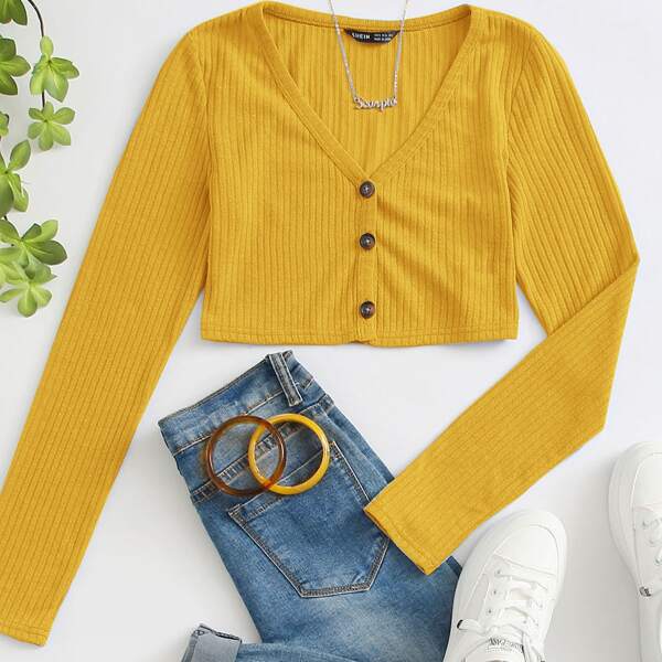 

Button Front Rib-knit Crop Tee, Mustard yellow