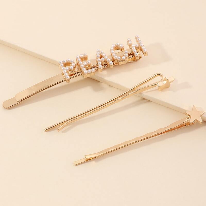 

3pcs Faux Pearl Decor Letter Hair Clip, Gold