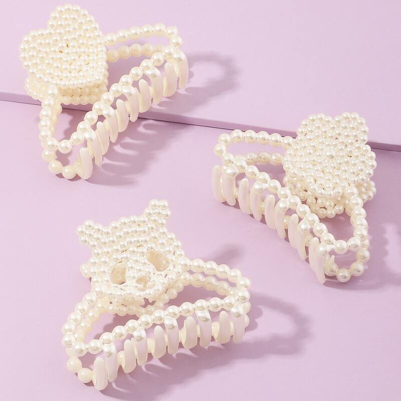

3pcs Faux Pearl Decor Hair Claw, White
