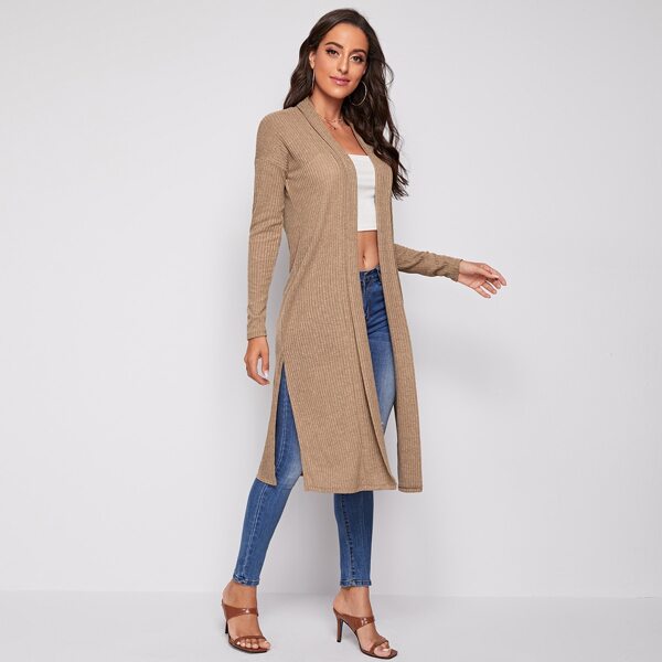 

Open Front Split Side Rib-knit Coat, Mocha brown