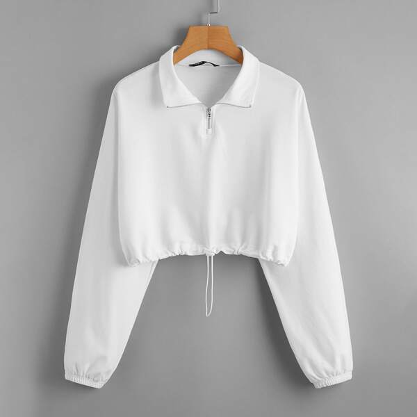 

Collared Zip Half Placket Drawstring Hem Pullover, White