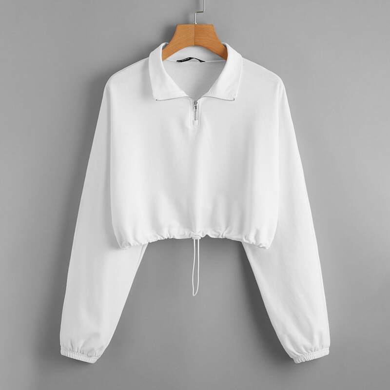 

Collared Zip Half Placket Drawstring Hem Pullover, White