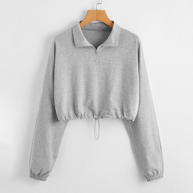 

Collared Zip Half Placket Drawstring Hem Pullover, Grey