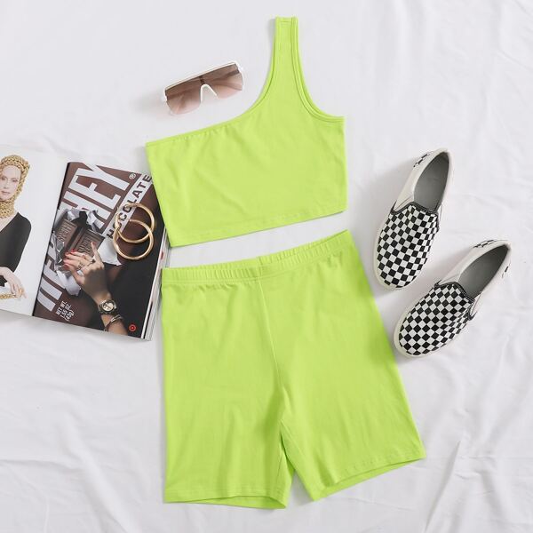 

One Shoulder Top & Biker Shorts Set, Lime green
