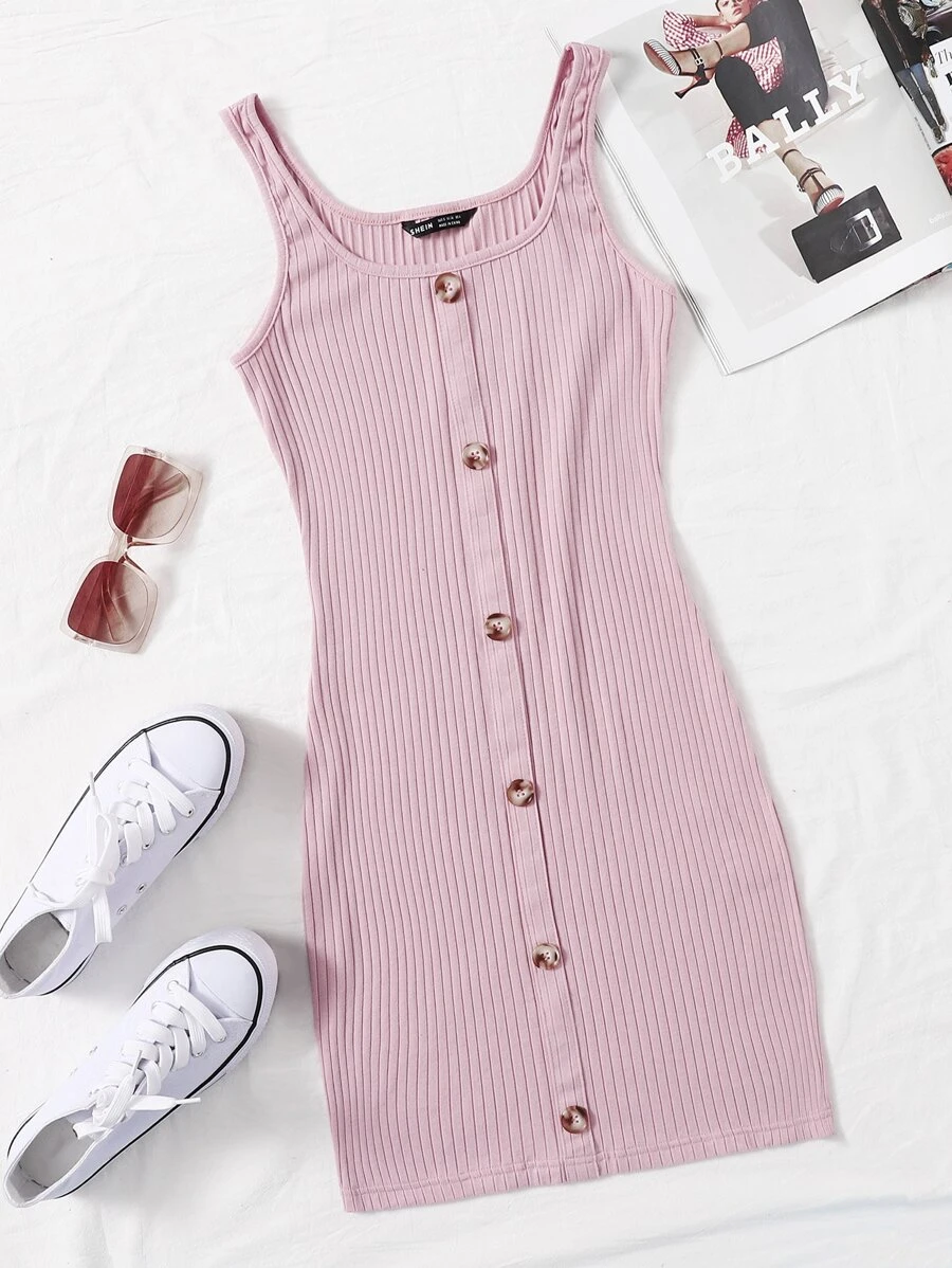 Muchica 紐扣羅紋針織連衣裙 - 淺粉色 - 查看 1