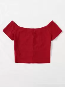 SHEIN Essnce Top tejido de canalé con botón delantero de hombros descubiertos - Burdeos - Ver 2