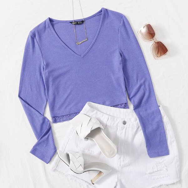 

V-neck Lace Hem Rib-knit Tee, Violet purple