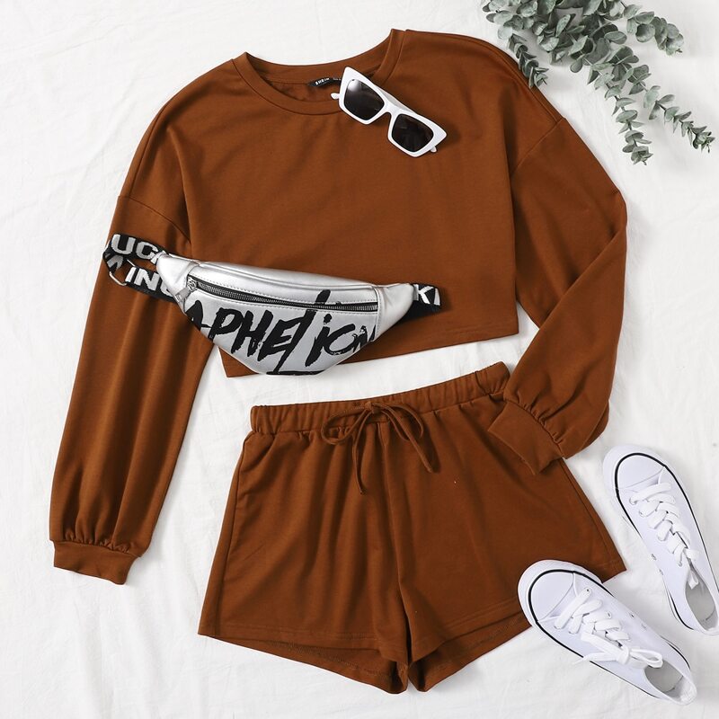 

Drop Shoulder Solid Pullover & Shorts Set, Rust brown