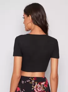 SHEIN Essnce Surplice Neck Rib-knit Crop Top - Black - View 3