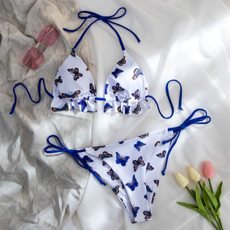 

Butterfly Print Triangle Halter Tie Side Bikini Swimsuit, Multicolor