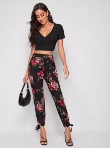 SHEIN Essnce Surplice Neck Rib-knit Crop Top - Black - View 4