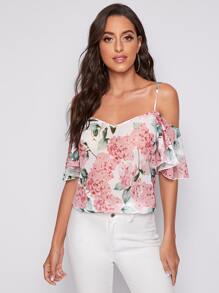 SHEIN Cold Shoulder Floral Chiffon Top - Multicolor - View 1