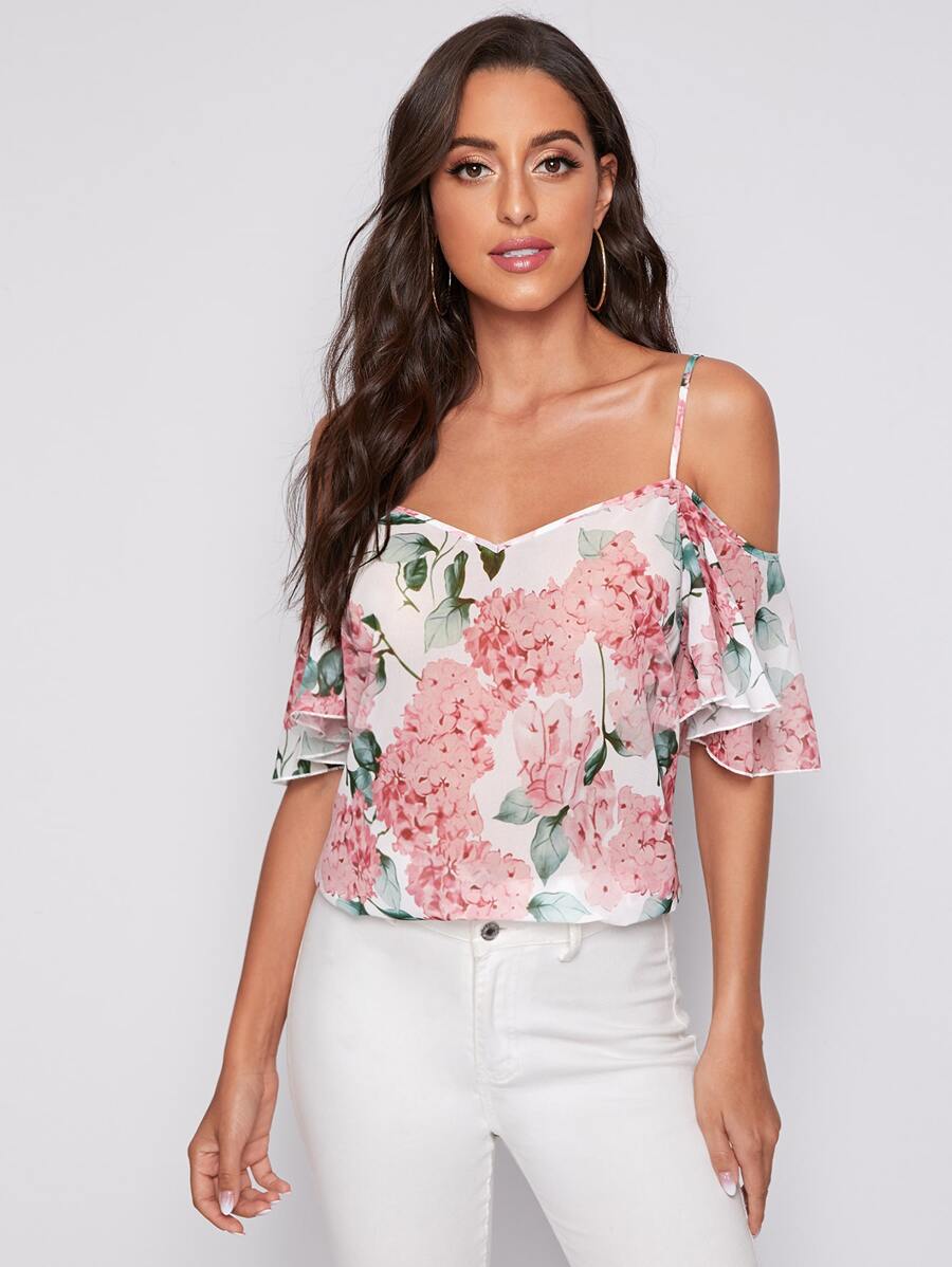 SHEIN Cold Shoulder Floral Chiffon Top - Multicolor - View 1