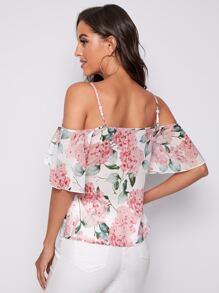 SHEIN Cold Shoulder Floral Chiffon Top - Multicolor - View 2