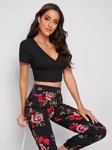 SHEIN Essnce Surplice Neck Rib-knit Crop Top - Black - View 6