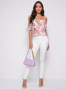 SHEIN Cold Shoulder Floral Chiffon Top - Multicolor - View 3