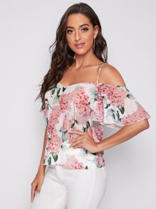 SHEIN Cold Shoulder Floral Chiffon Top - Multicolor - View 4