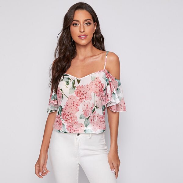 

Cold Shoulder Floral Chiffon Top, Multicolor
