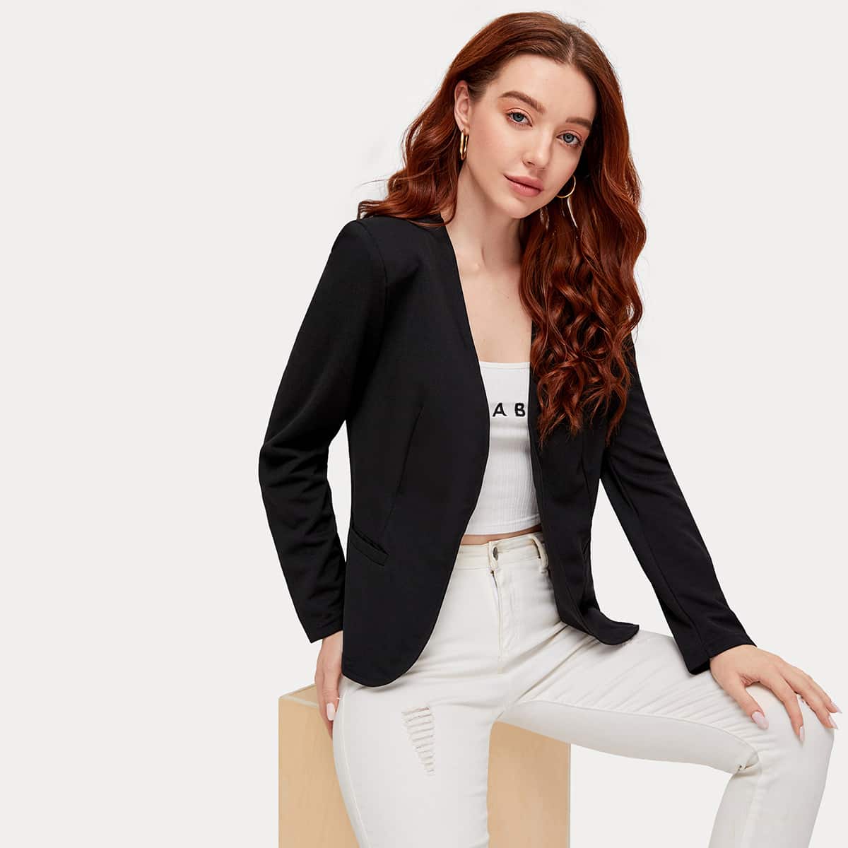 

Open Front Solid Blazer, Black