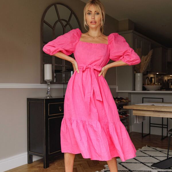 

Square Neck Puff Sleeve Belted Dress, Pink