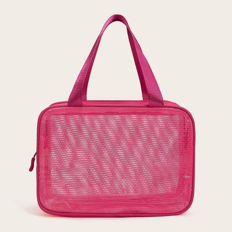 

1pc Solid Mesh Makeup Bag, Rose red