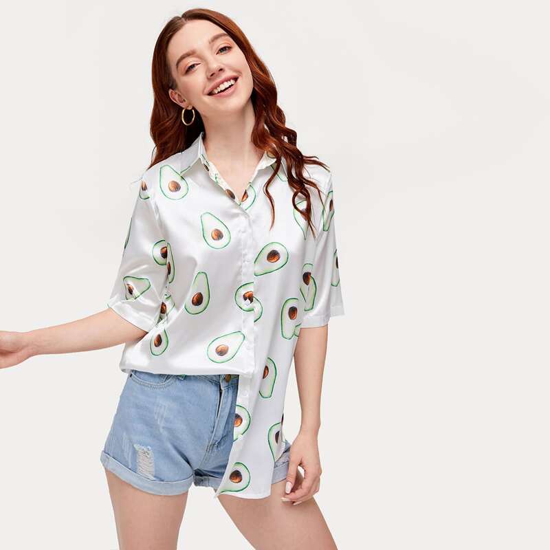

Button Front Avocado Print Blouse, White