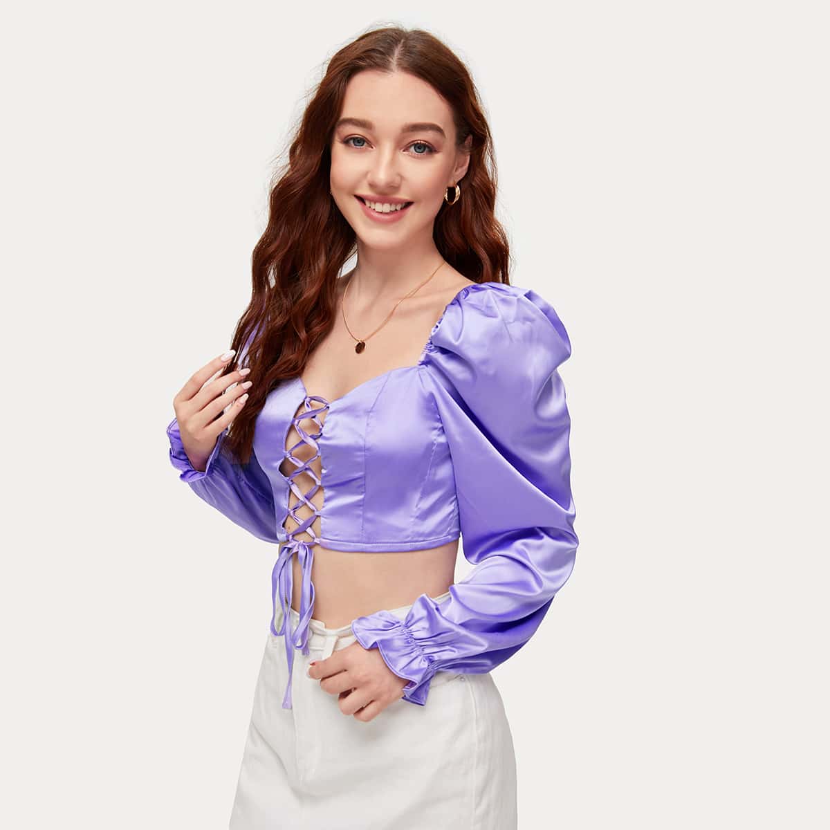 

Sweetheart Neck Ruffle Cuff Lace-up Placket Satin Top, Purple pastel