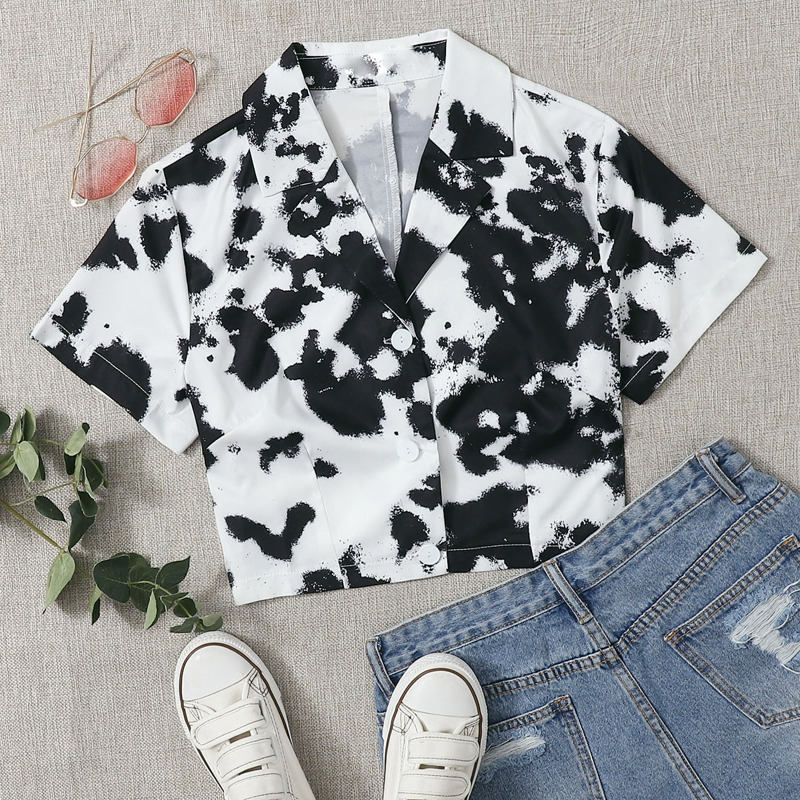 

Tie Dye Print Button Up Blouse, Black and white
