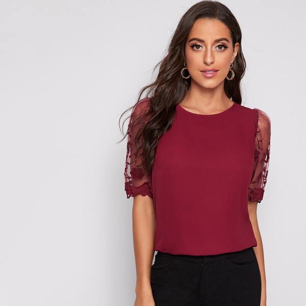 

Embroidery Mesh Sleeve Top, Burgundy