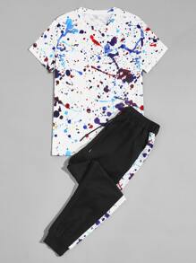 Manfinity Camiseta con patrón de salpicadura de pintura con joggers con cordón - Multicolor - Ver 1