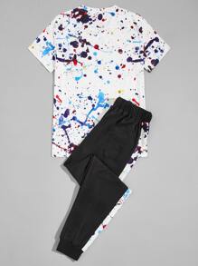 Manfinity Camiseta con patrón de salpicadura de pintura con joggers con cordón - Multicolor - Ver 2