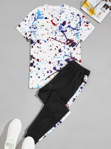 Manfinity Camiseta con patrón de salpicadura de pintura con joggers con cordón - Multicolor - Ver 5