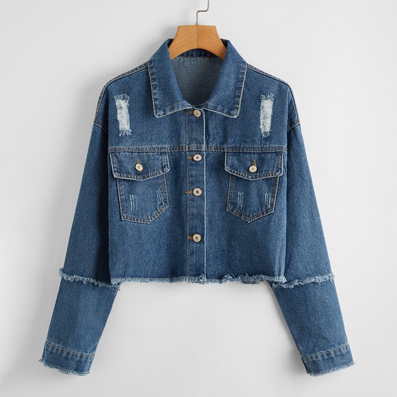 

Raw Hem Crop Denim Jacket, Medium wash