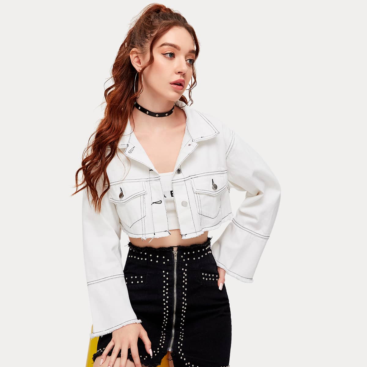 

Contrast Stitch Raw Hem Crop Denim Jacket, White