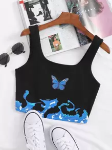 SHEIN EZwear 蝴蝶圖案短版背心上衣 - 黑色 - 查看 1