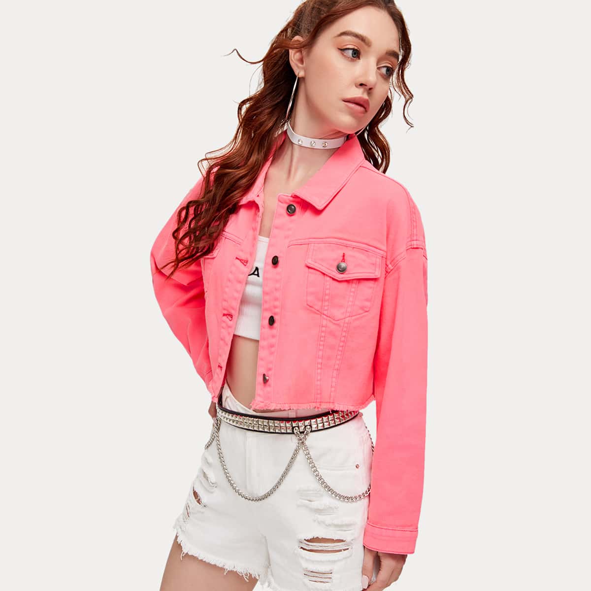 

Button Front Raw Hem Denim Jacket, Pink