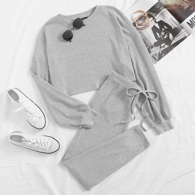 

Drop Shoulder Rib-knit Crop Top & Knot Waist Leggings Set, Light grey