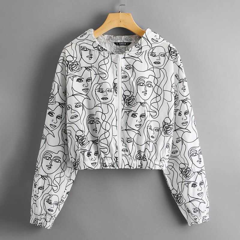 

Figure Graphic Zip Up Reflective Hooded Windbreaker Jacket, White
