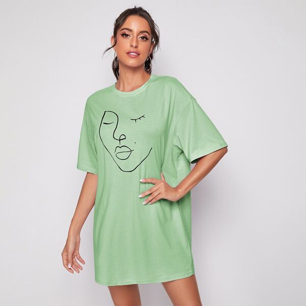 

Drop Shoulder Figure Graphic Tee Dress, Mint green
