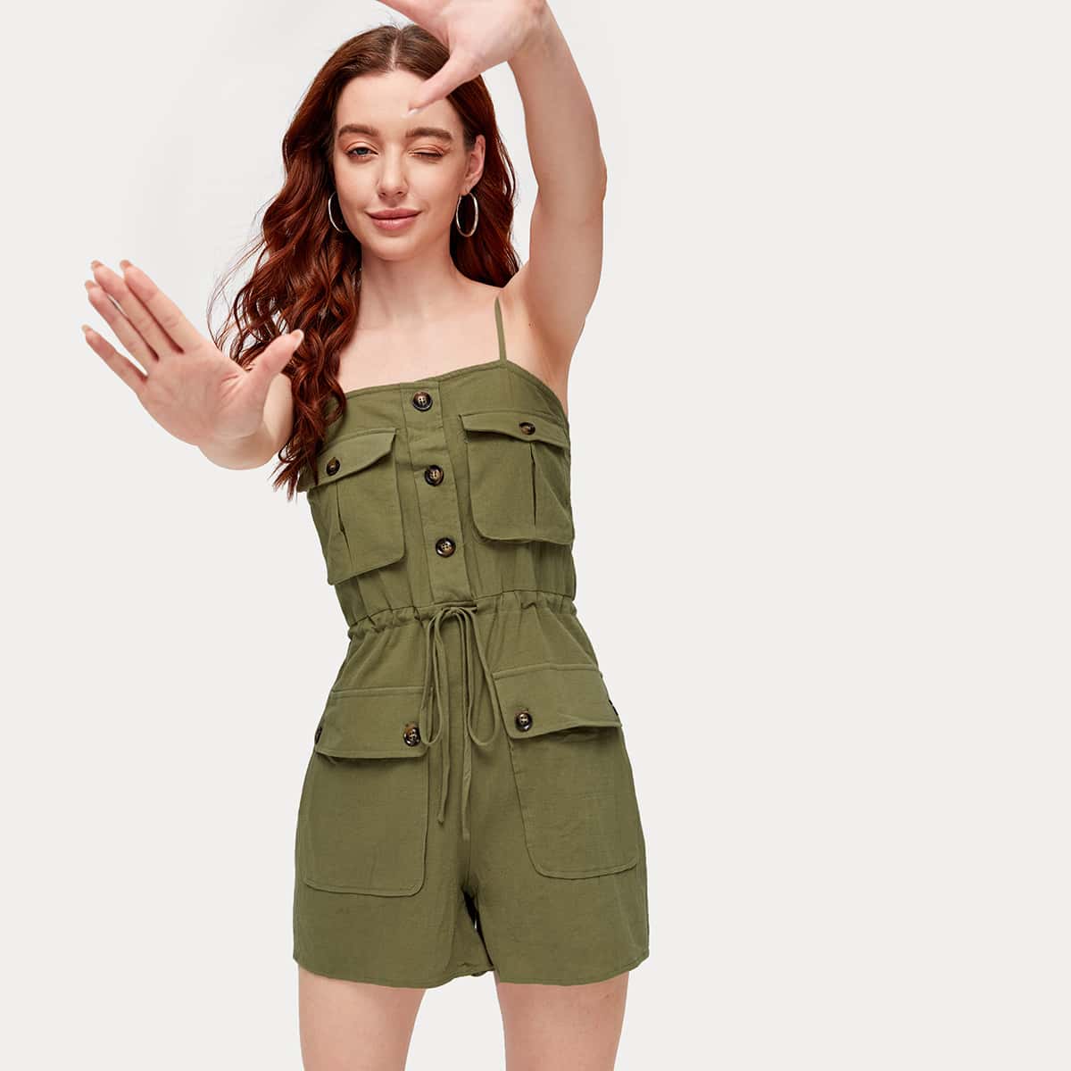 

Drawstring Waist Pocket Patched Cami Romper, Army green