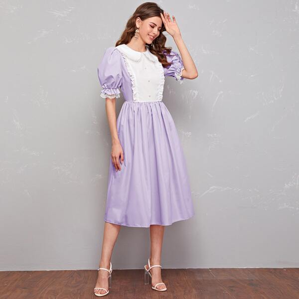 

Peter-pan-collar Lace Trim Puff Sleeve Two Tone Dress, Pastel lilac purple