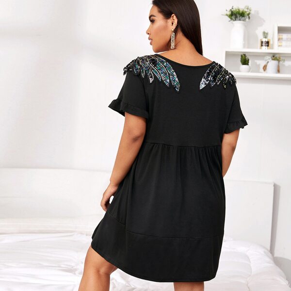 

Plus Contrast Sequin Wing Patched Babydoll Dress, Black