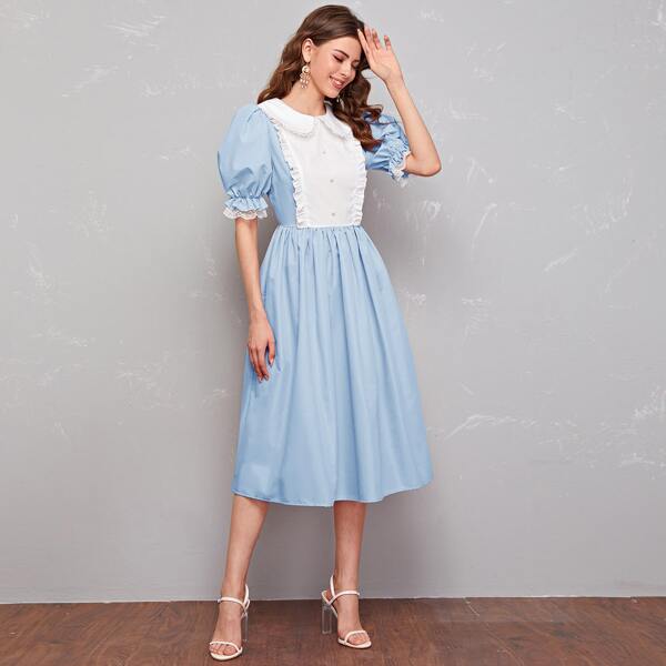 

Peter-pan-collar Lace Trim Puff Sleeve Two Tone Dress, Pastel baby blue