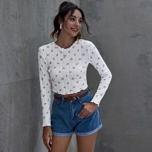 

Lettuce Trim Floral Print Form Fitted Tee, White