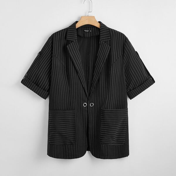 

Plus Striped Garment Eyelets Rolled Sleeve Blazer, Black