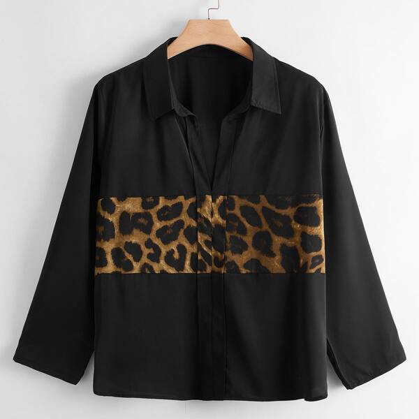 

Plus Leopard Panel Long Sleeve Blouse, Black