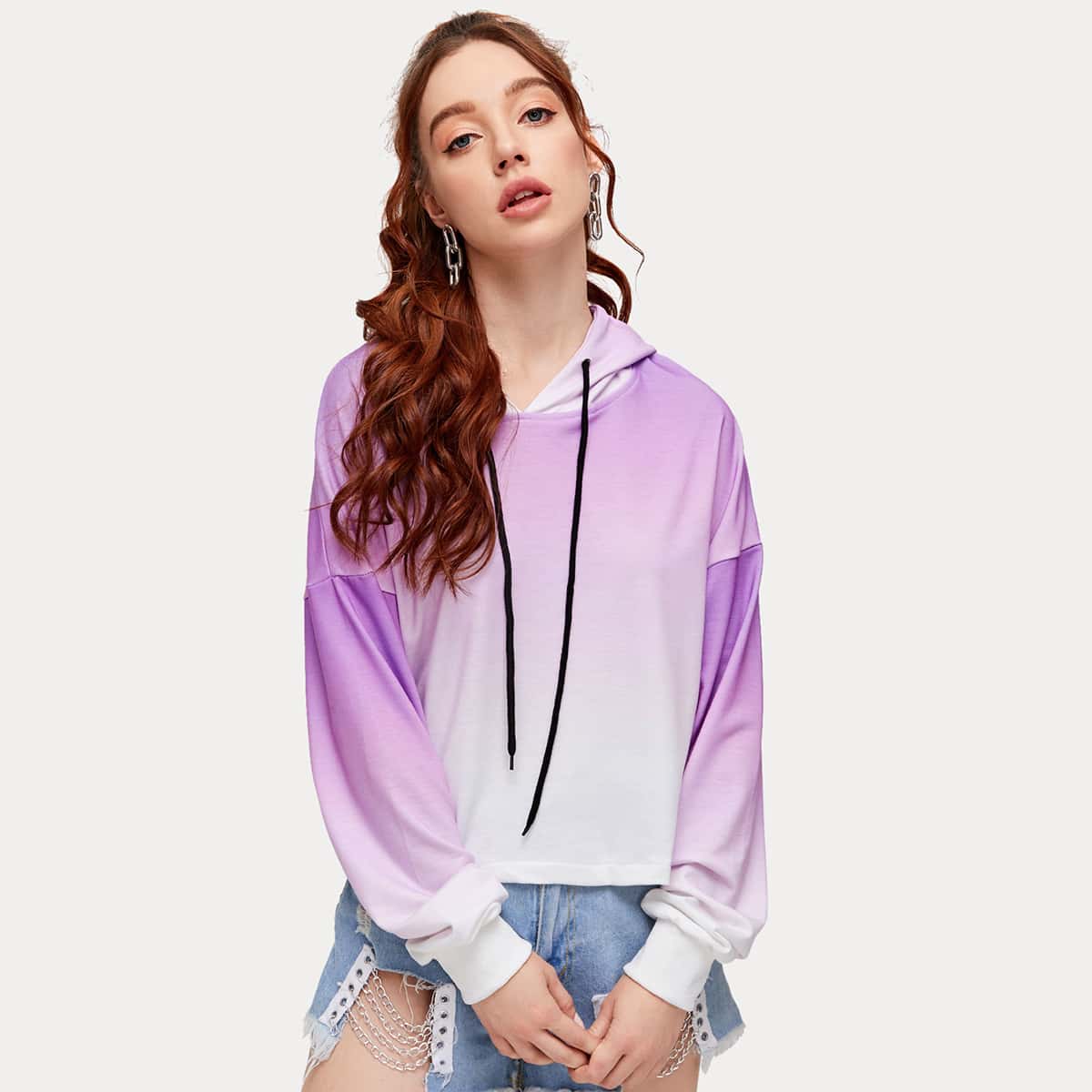 

Ombre Drawstring Drop Shoulder Hoodie, Multicolor