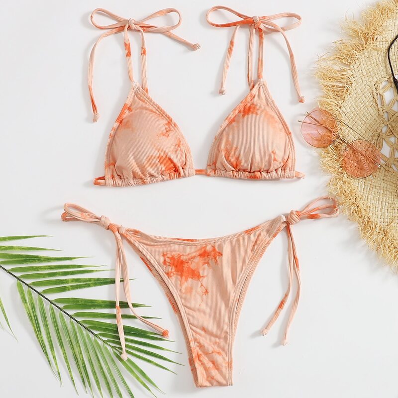 

Tie Dye Rib Triangle Tie Side Bikini Swimsuit, Pastel coral orange